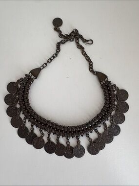 Free People Dark Gunmetal Coin Fringe Bib Necklace